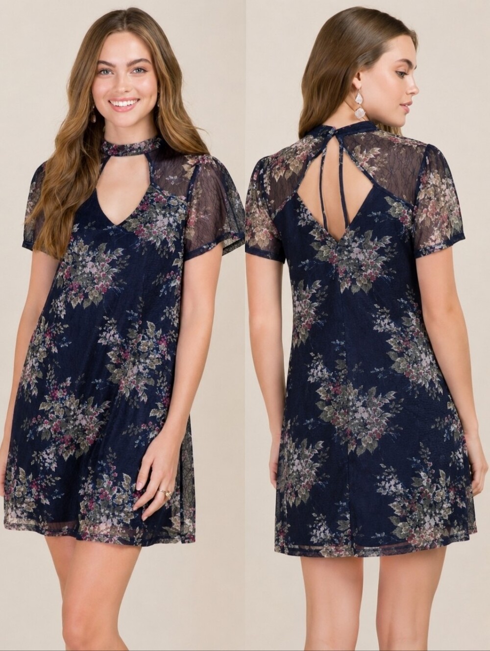🦋🖤💐 Francesca's Blue Rain Floral Mesh Shift Dress Navy Keyhole Open Back MED